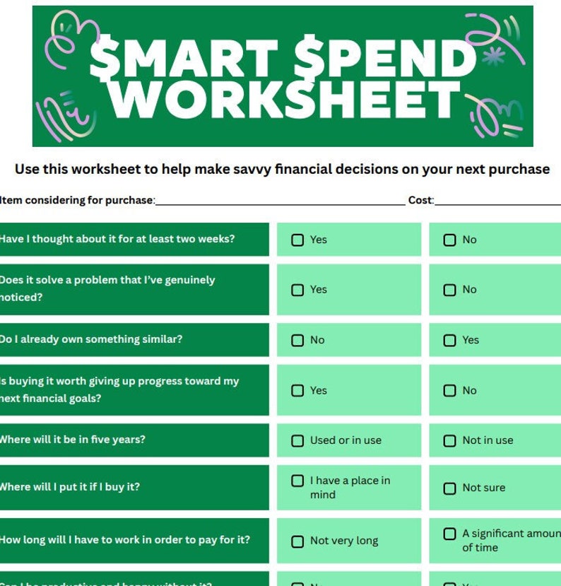 Smart Spend Graphics Smart Spend Worksheet Digital File - Etsy