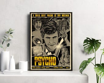 Norman Bates, psicópata / Obra de arte inspirada en el thriller retro / Arte mural de terror de estilo vintage / Impresión de película clásica de los años 60