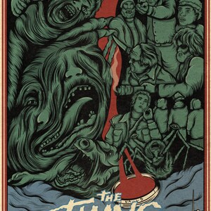May include: A vintage-style poster for the movie "The Thing" featuring a monstrous, green, alien creature with multiple faces and a long, sharp tongue. The poster also features several human characters in the background, some of whom appear to be in danger from the creature. The text on the poster reads "The Thing" and "Anytime. Anywhere. Anyone."