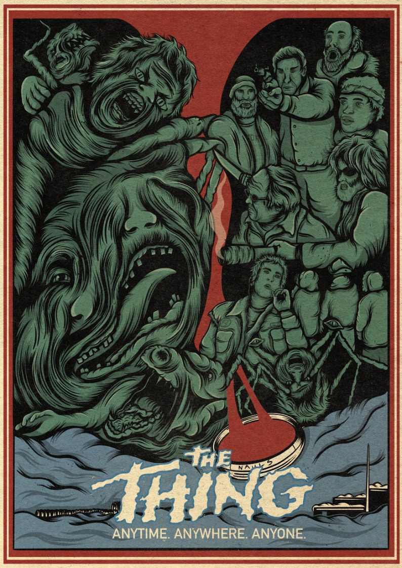 May include: A vintage-style poster for the movie "The Thing" featuring a monstrous, green, alien creature with multiple faces and a long, sharp tongue. The poster also features several human characters in the background, some of whom appear to be in danger from the creature. The text on the poster reads "The Thing" and "Anytime. Anywhere. Anyone."