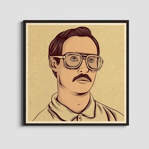 May include: A vintage-style illustration of a man with a moustache wearing glasses and a collared shirt. The background is a light brown colour.