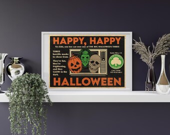 Trébol plateado / Arte de terror retro de Halloween de los 80 / Impresión de suspenso de estilo vintage / Arte mural con máscara espeluznante