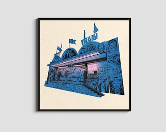 Ilustración de un tren fantasma / Impresión de un paseo espeluznante retro / Ilustración de una atracción de atracciones embrujadas