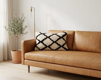 Moroccan Beni Ourain Wool Pillow, Handwoven Berber Shaggy Cushion, Black Cream Diamond Lumbar, Authentic Tribal Cushion Cover P359