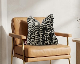 Moroccan Beni Ourain Wool Pillow, Handwoven Berber Shaggy Cushion, Black Cream Speckled Throw Pillow, Authentic Tribal Cushion Cover P371