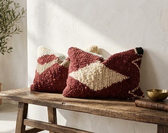 Set of 2 Authentic Moroccan Berber Pillows 100 Natural Washed Wool Cushions Red and Cream Boho Atlas Mountain Pillows 2P695