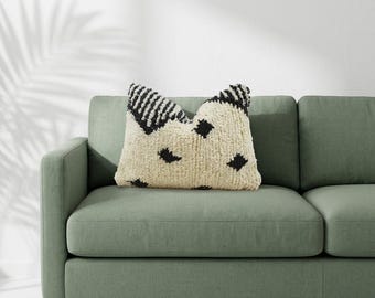 Moroccan Beni Ourain Wool Pillow, Handwoven Berber Shaggy Cushion, Black Cream Abstract Lumbar, Authentic Tribal Cushion Cover P291