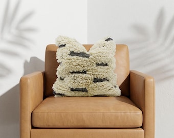 Moroccan Beni Ourain Wool Pillow, Handwoven Berber Shaggy Cushion, Black Cream Dashed Throw Pillow, Authentic Tribal Cushion Cover P376