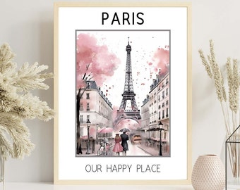 Paris Wall Print, Our Happy Place, Engagement/Anniversary Gift, Eiffel Tower Wall Art, Personalisation Available, Special Couple Print