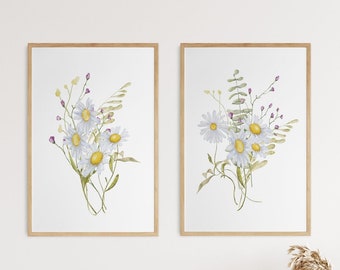 Daisy Flower Prints, Set of Two, Flower Wall Art, Daisy Bouquet Wall Art, Home Gift, Floral Living Room/Bedroom Prints/Hallway Wall Decor