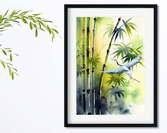 Bamboo and Japanese Crane Print, Japanese Wall Art, Bird Wall Decor, Japanese Botanical Poster, Home Decor, Gift Idea, Bamboo Wall Art