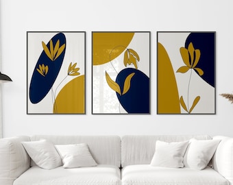 Abstract Prints, Set of 3, Boho Wall Art, Blue and Dark Yellow Wall Decor, Living Room/Bedroom Wall Prints, Modern Ochre and Blue Wall Art
