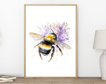 Flower and Bee Print, Floral Wall Art, Nature Wall Decor, Bee Illustration, Gift Idea, Bumble Bee Wall Decor, Bedroom/Hallway Wall Print