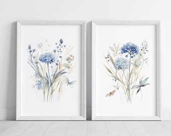 Dusty Blue Floral Art Prints, Watercolour Meadow Set of Two