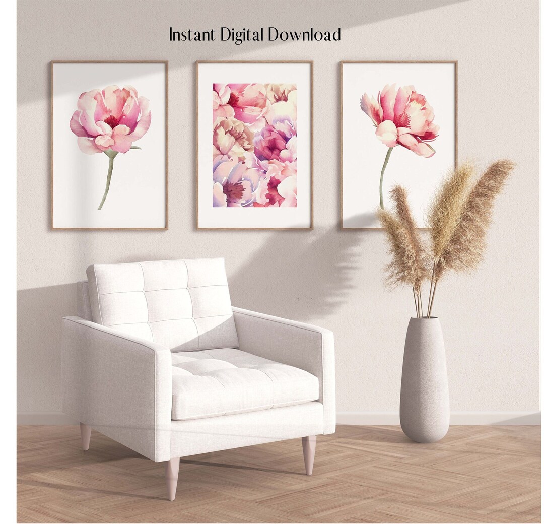 Printable Peony Art Prints, Set of Three, Peony Wall Art, Digital ...