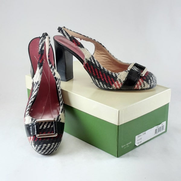 Kate Spade New York "Kassie" Plaid 8.5 M Slingback Made in Italy Chunky Heels Pumps