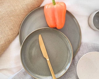 STORM Grey - Green Flat Dinner Plate - Handmade  stoneware storm grey natural minimalistic dinner/ dessert/ side plate- TO ORDER