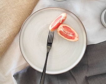 STONE Grey - White  Ceramic Flat Dinner Plate - Handmade grey stoneware natural minimalistic soft white plate/platter - TO ORDER