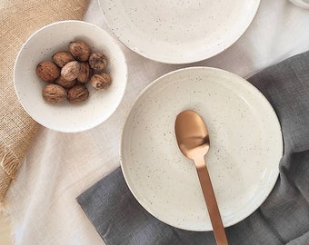 SPECKLED White Ceramic Pasta Bowl - Handmade  stoneware natural minimalistic pasta bowl / deep/ shallow plate - TO ORDER