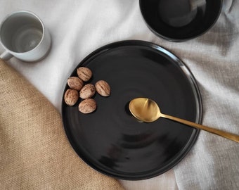 BLACK satin matte Flat Dinner Plate - Handmade black stoneware dark natural minimalistic dinner/ side/ dessert plate- TO ORDER