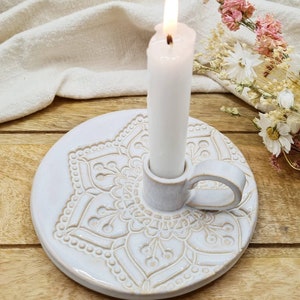 Candlestick in white-beige with mandala made of ceramic handmade - candle holder, gift