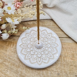 Ceramic incense stick holder round in white-beige with mandala - hand-made incense