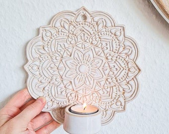 Wandteelichthalter, Wandleuchte "Lakshmi" mit Mandala in weiß-beige, handgetöpfert, Wanddeko Boho