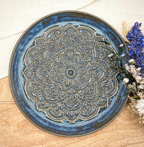 Round ceramic plate with mandala in grey-blue, boho style, serving plate  Bohemian hand-made