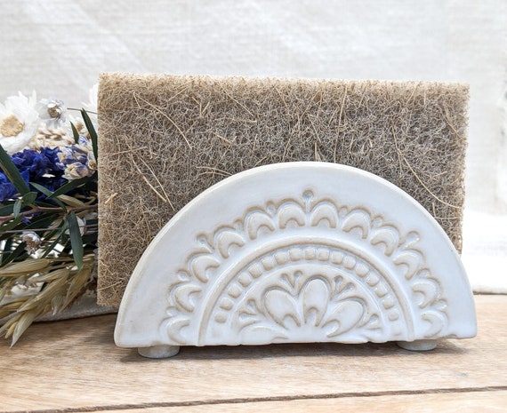 Spülschwammhalter, Schwammhalter aus Keramik mit Mandala in weiß, Spülschwammhalter handgetöpfert