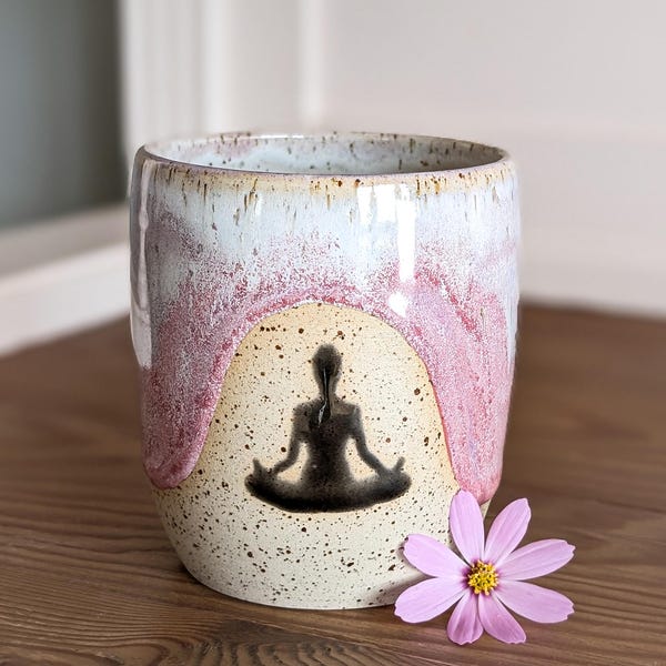 Handmade ceramic mug with yoga asana "lotus position" in pink with polka dots, 350-400 ml, yoga cup