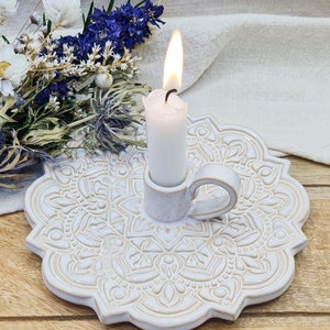 Candlestick in white-beige with mandala made of ceramic handmade - Boho candle holder