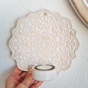 Ceramic wall tea light holder with mandala in white and beige, hand-made wall lamp, boho wall decoration