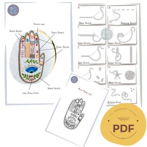Puede incluir: Un dibujo en blanco y negro de una mano de hamsa con detalles intrincados, rodeado de un borde blanco. El texto "15cm Hoop Size" está impreso debajo de la imagen. La imagen es parte de un patrón de bordado PDF.