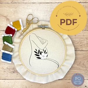 May include: A black and white line drawing of a pregnant person with a flower on their belly. The drawing is on a white fabric in a wooden embroidery hoop. The hoop is on a wooden surface with embroidery floss in various colors.