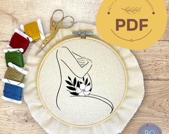 Pregnant Embroidery/PDF Pattern/Beginner embroidery pattern/Pregnant woman Embroidery Pattern/Baby Bump Design/flower digital download