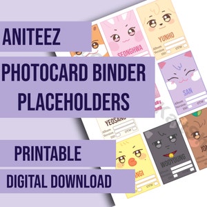 Può includere: Carte segnaposto per raccoglitore di fotocard stampabili con illustrazioni di animali dei cartoni animati con caselle di testo per album, versione e ISO. Il testo "ANITEEZ PHOTOCARD BINDER PLACEHOLDERS PRINTABLE DIGITAL DOWNLOAD" è nella parte superiore dell'immagine.