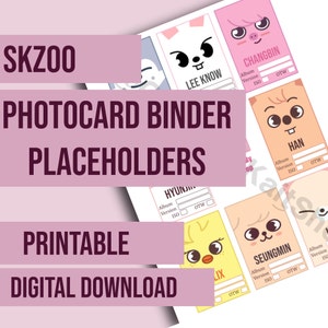 Puede incluir: Cartas de marcador de posición de carpeta de fotocard SKZOO imprimibles con ilustraciones de animales de dibujos animados. Cada tarjeta tiene campos para álbum, versión y OTW.
