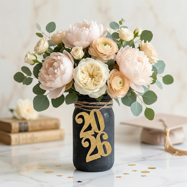 May include: A bouquet of blush pink peonies, cream roses, and eucalyptus leaves in a black mason jar. The jar is decorated with a gold glitter "2026" cutout, with a graduation cap in the background. Gold star confetti is scattered on the surface.