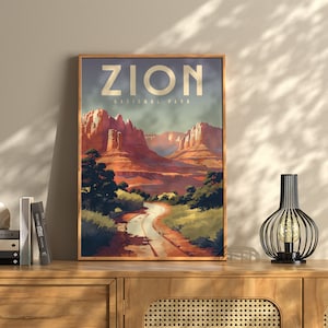 Zion National Park Poster, Vintage Utah Travel Print, Canyon Wall Art, Hiking Gift, Southwest Home Decor