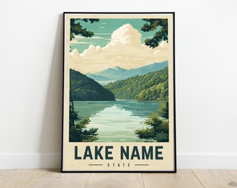 May include: A vintage-style travel poster featuring a scenic lake surrounded by lush green trees and mountains. The poster has the text "LAKE NAME" and "STATE" in a retro font.