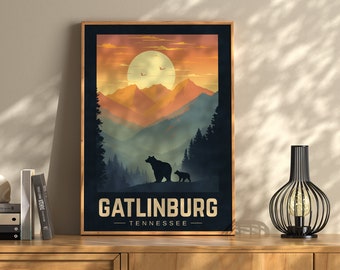 Gatlinburg Print, Vintage Tennessee Travel Poster, Smoky Mountains Wall Art, TN Cabin Decor, Hiker Gift