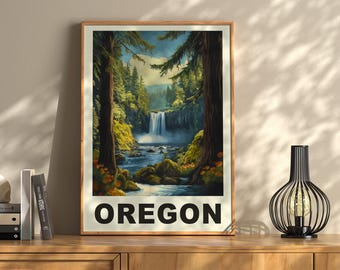 May include: A vintage travel poster featuring a scenic waterfall in a lush green forest. The poster has the word "OREGON" printed in bold black letters at the bottom.