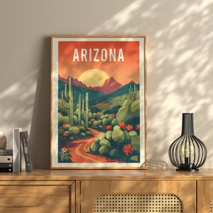 Arizona Desert Poster, Saguaro Cactus Wall Art, Vintage Southwest Travel Print, Tucson Phoenix Decor, Desert Home Gift