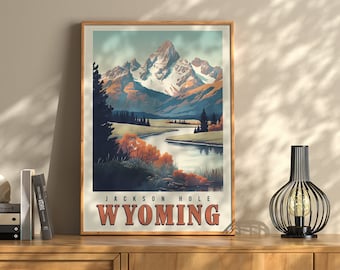 Jackson Hole Wyoming Travel Poster: Vintage Teton Mountain Wall Art Print
