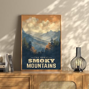 Póster de viaje vintage de las Grandes Montañas Humeantes / Póster de viaje de las Montañas Humeantes / Decoración de pared / Montañas Humeantes / Póster de viaje