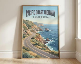 Pacific Coast Highway Wall Art, California Coast Poster, Highway 1 Travel Print, Coastal Landscape Art, Vintage Style Decor