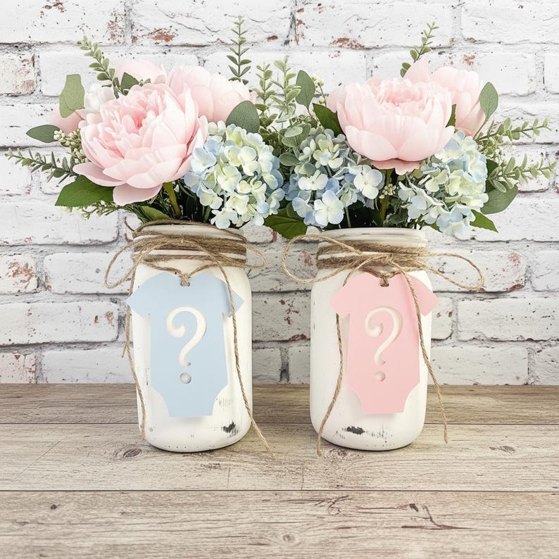 Gender Reveal Mason Jar Tags, Pink Blue Onesie Decor, Boy or Girl Baby Shower, DIY Centerpiece, Gender Reveal Party Supplies, Decoration afbeelding 1