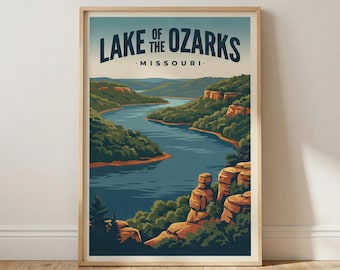 Lake of the Ozarks Wall Art Print, Vintage Travel Poster Missouri Lake House Decor, Ozarks Landscape Illustration
