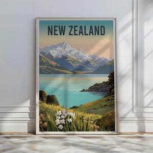 New Zealand Travel Poster: Vintage Style Mountain Lake Art Print