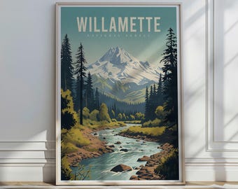 May include: A vintage-style poster featuring a scenic view of a river winding through a forest with a snow-capped mountain in the background. The text "WILLAMETTE NATIONAL FOREST" is at the top of the poster.